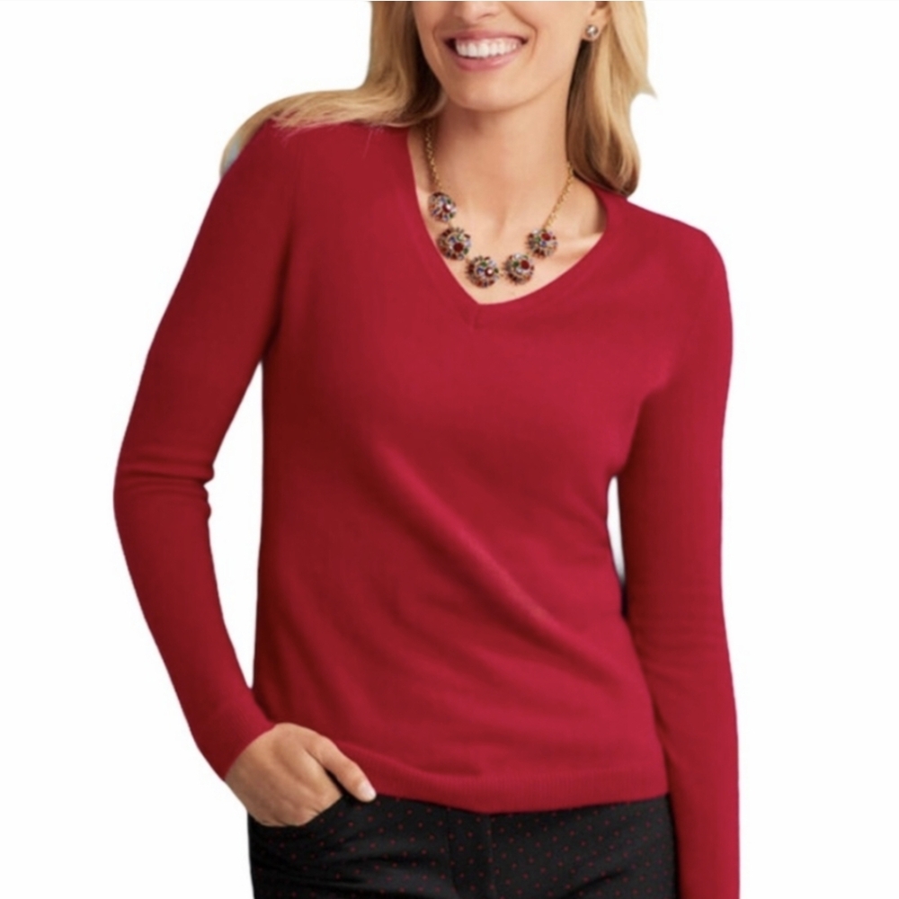 Talbots Merino Wool Sweater V-neck Long Sleeve Fine Knit Lightweight Red PXS